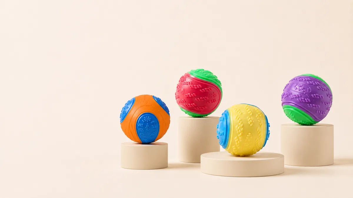 Les quatre coloris de la balle interactive texturée alignés sur des socles clairs