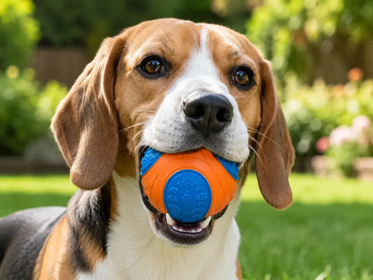 Un beagle tient la balle bleu et orange entre ses dents, la balle dépasse de chaque côté de la gueule