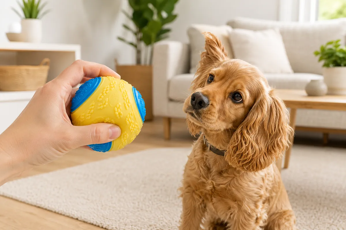 Une main presse la balle jaune et bleue, un cocker assis tourne aussitôt la tête vers elle