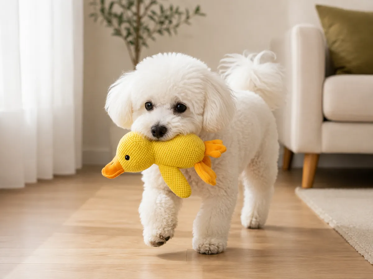 Un bichon traverse le salon en portant le canard jaune par le milieu du corps