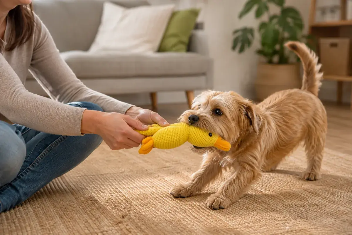 Un maître assis au sol tient une extrémité du canard pendant que son chien saisit l’autre
