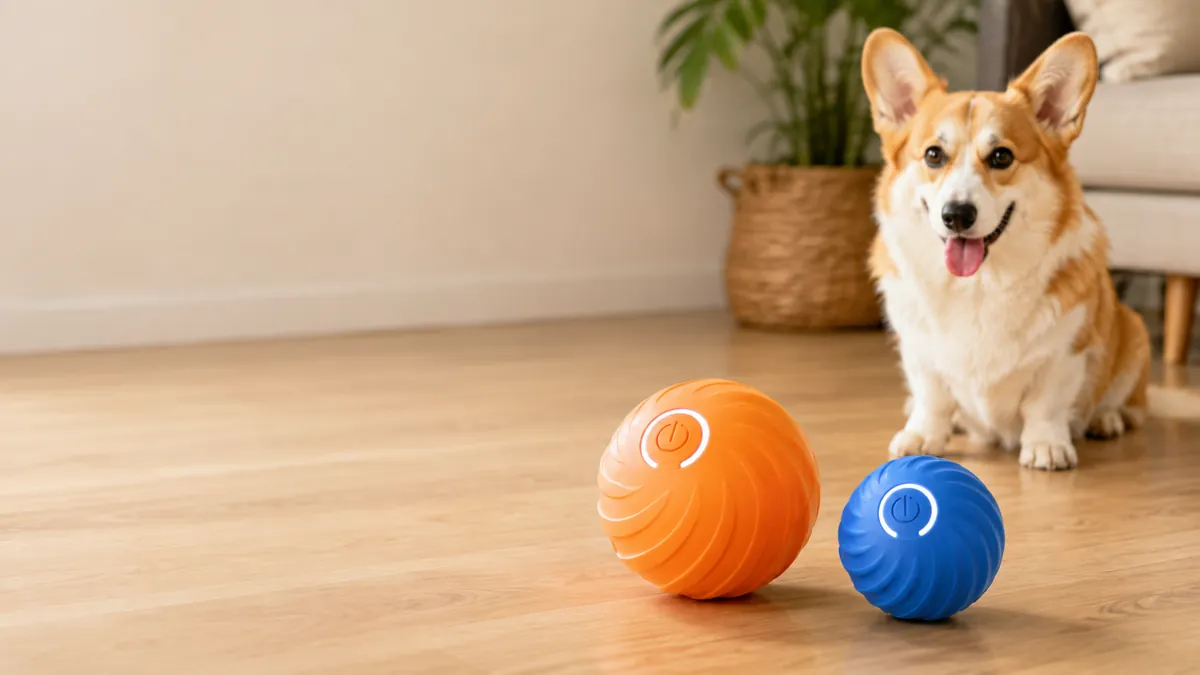 Les balles motorisées orange et bleue posées sur un parquet clair, un corgi assis en arrière-plan