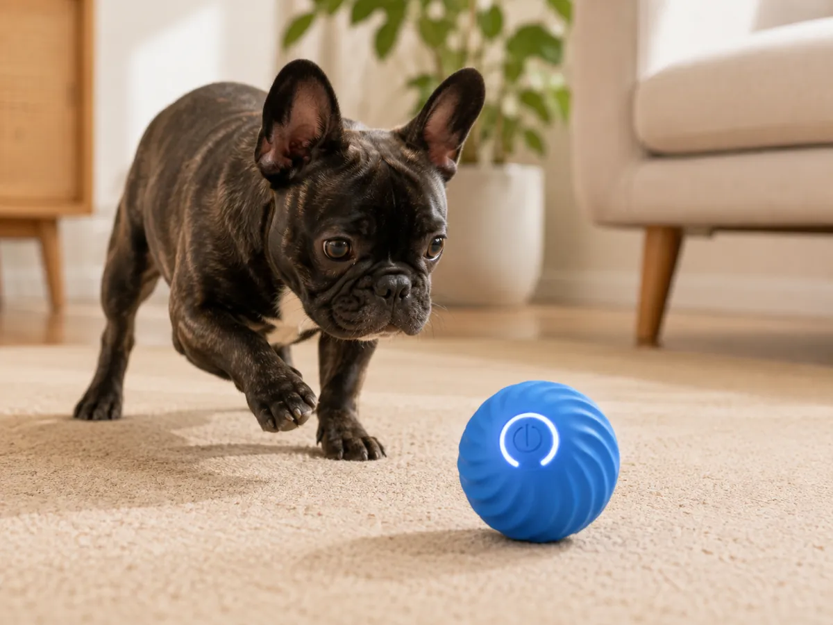 La balle motorisée bleue avance sur un tapis beige, un bouledogue français penché en avant l’observe