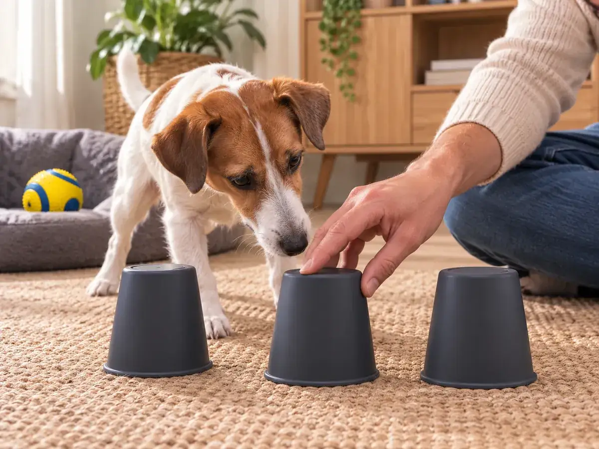 Trois gobelets opaques retournés devant un petit chien qui désigne celui du milieu avec son museau