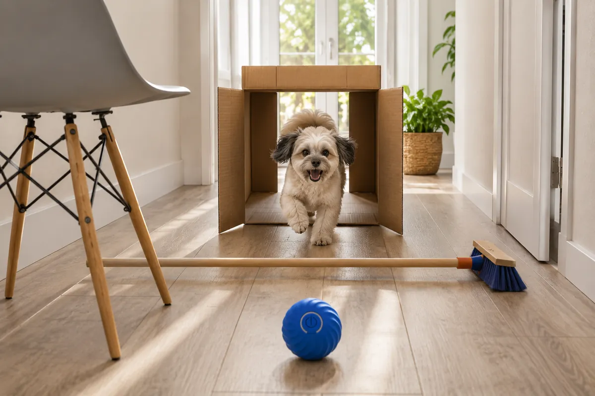 Un couloir transformé en petit parcours, un chien traverse un carton, la balle motorisée bleue à l’arrivée
