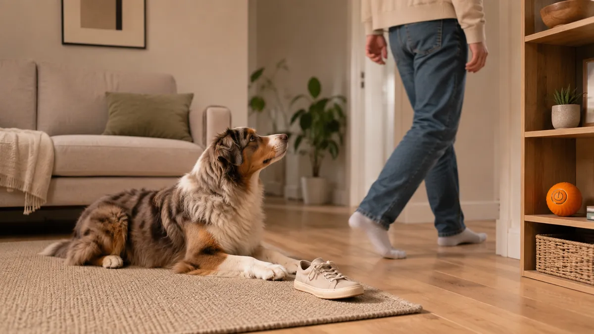 Un chien couché lève la tête vers son maître, la balle motorisée orange rangée sur une étagère