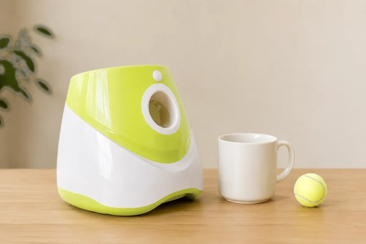 Le lanceur posé sur une table à côté d’un mug blanc, qui donne l’échelle de ses 25,6 cm